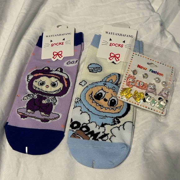 Other - Cute Monster Character Socks and Animal Earrings Set